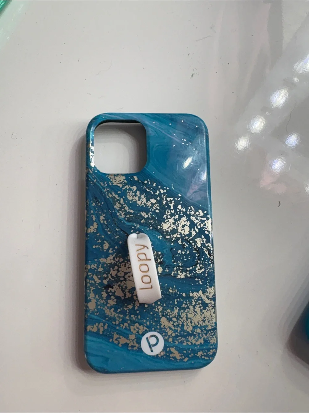 Loopy Case Teal Marble Phone Case with Gold Speckle and White Grip